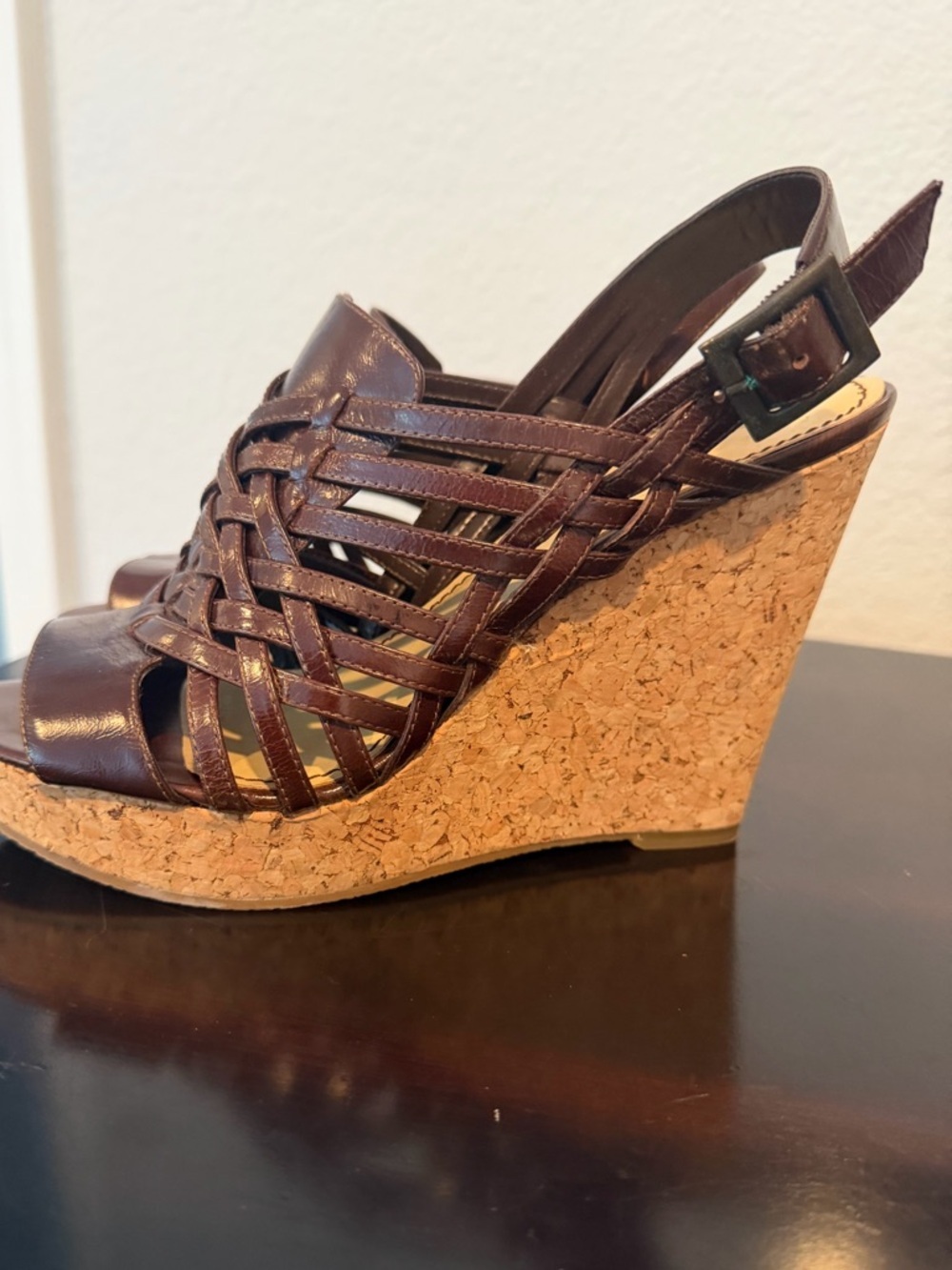 Enzo Angiolini Dark Brown Woven Leather Cork Wedge Sandals Size 7.5 - Picture 3 of 4